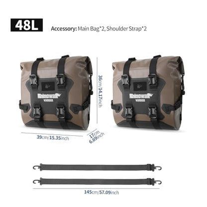 Rhinowalk Waterproof Motorcycle Saddle Bag, Roll-Top Side Pannier with Magnetic Closure, Approx. 24L–42L Expandable Capacity Rear Rack Luggage（Brown, 2pc） - color: Brown 24L, 2pc, size: 48L