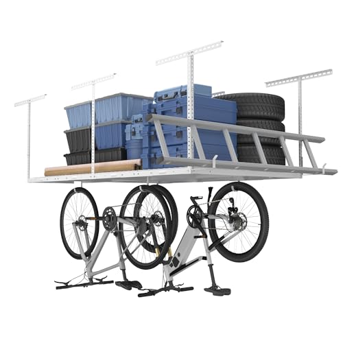FLEXIMOUNTS 4x8 Overhead Garage Storage Rack w/Hooks Adjustable Ceiling Storage Racks, 96" Length x 48" Width x 40" Height, 22''-40" Ceiling Dropdown, White, Classic Series - color: White, size: 4x8 ft w/hooks