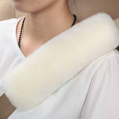 OGLAND Genuine Sheepskin Soft Fuzzy Car Seatbelt Should Pad, Comfy Fluffy Seat Belt Strap Covers for Car Neck Cushion Protector Auto Accessories Woman Man Girls Kids (1Pcs/White) - color: Cream White