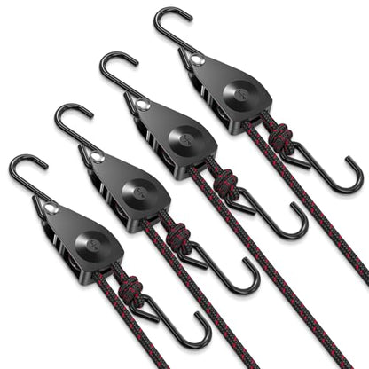 VIPARSPECTRA Ratchet Tie Down Straps, 1/4" Adjustable Rope Hangers [4 Pack, 12FT, 150 lbs/Pack], Heavy Duty Kayak Pulley System with Hooks for Garage Cargo Trucks Tents Grow Lights Various Lashing - size: 1/4" 4-Pack