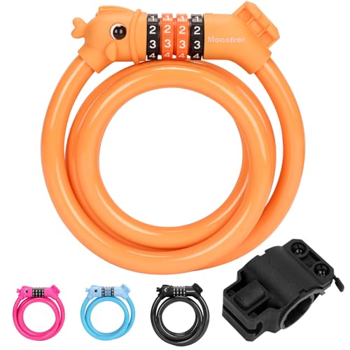 Bike Lock, 3.9 Feet 4-Digit Resettable Combination Password Anti-Theft Cable Lock, Cute Coiled Bike Lock with Mounting Bracket, Suitable for Bicycles, Electric Scooters, Ebikes (Orange-12mm) - color: Orange-12mm