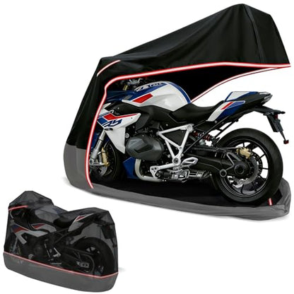 Full Enclosed Motorcycle Cover,Waterproof for Outdoor & Indoor Storage, 600D Heavy Duty with Reflective Strips, Fits Scooters & Touring Motorcycles up to Length 108" x 45" x 59" Black&Gray - size: 108"L-45"W-59"H