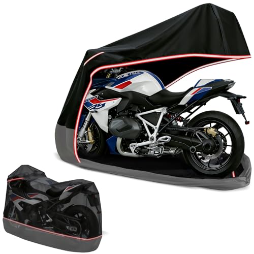 Full Enclosed Motorcycle Cover,Waterproof for Outdoor & Indoor Storage, 600D Heavy Duty with Reflective Strips, Fits Scooters & Touring Motorcycles up to Length 108" x 45" x 59" Black&Gray - size: 108"L-45"W-59"H