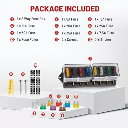 RED WOLF Car 8-Way Blade Fuse Block Box Standard Circuit Fuses for Boat Marine Auto RV Car Trailer Truck SUV Power Distribution Panel Damp-Proof Cover DC 10-32V, Waterproof - size: 8 Way