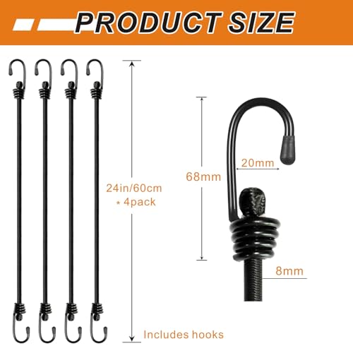 BEXSLE Bungee Cords with Hooks, Heavy Duty Outdoor Elastic Bungee Straps，No Odour Industrial Grade Bungee Rope for Securing Tarps, Luggage, Tents, Bikes or Garden Tidying 24inch 4Pcs (Black) - size: 24 inches x 4 pcs