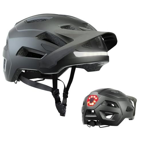 Bike Helmet, Helmets for Adults Men, Front and Back LED Lights Safe Certified MTB Road Bicycle Helmet with Adjustable Brim - color: Black, size: M (55-58cm)