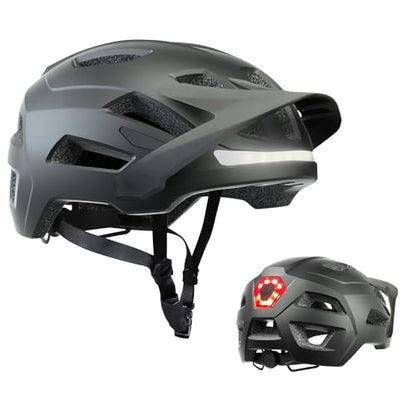 Bike Helmet, Helmets for Adults Men, Front and Back LED Lights Safe Certified MTB Road Bicycle Helmet with Adjustable Brim - color: Black, size: L (59-61cm)