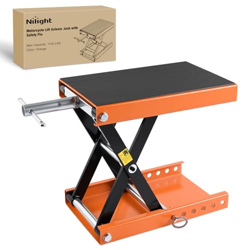 Nilight Motorcycle Lift Jack 1100 LBS Scissor Jacks Stand Lift with Wide Deck Safety Pin Handle 3.4"-14.2" Height Adjustable Hoist Stand Garage Repair Lifter for Motorcycles ATV Dirt Bike, Orange - color: Orange w Safety Pin