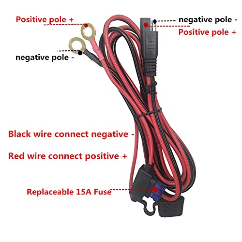 7ft SAE Plug to Battery Ring Terminal Harness Cable Solar Panel Cord Extension Adapter 12V 24V 2 Pin Quick Connect and Disconnect 16AWG Wire with Extra15A Fuse