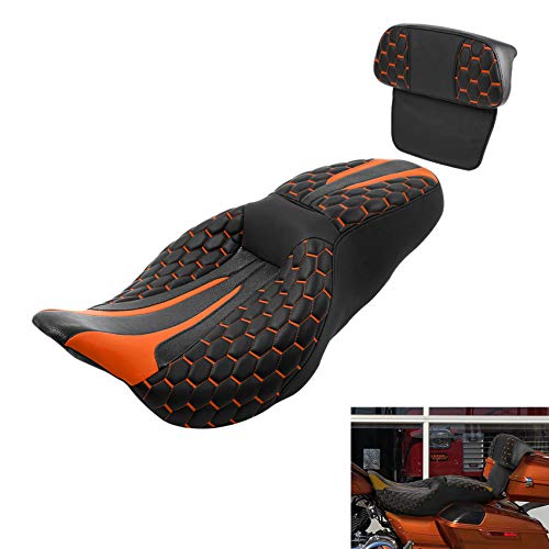 C.C. RIDER Motorcycle Seat Driver Passenger Touring Seat with Backrests for Harley Davison Electra Glide Classic Street Glide Road Glide 2014-2023 - color: Black Orange Seat + Tour Pack Backrest
