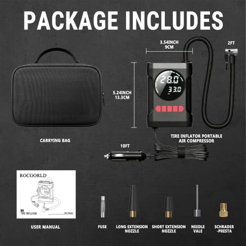 ROCGORLD R6 12V DC Tire Inflator Portable Air Compressor, Car Air Pump with Dual Digital Display, Preset Pressure, Auto Shut-Off, 3 Light Modes, Plug-In Tire Pump for Cars, Motorcycles, Bikes, Balls