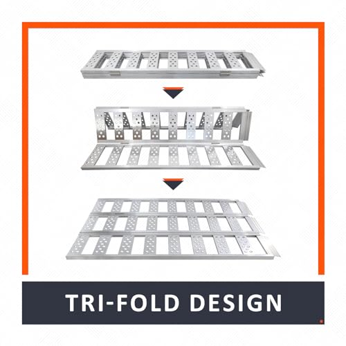 Aluminum Tri-Fold Ramp with Treads, 1600 lbs Capacity/535lbs per Section, ATV Ramp with Load Straps for Motorcycles, Truck Bed, ATVS, UTVS, Trailer, Tractor,Lawnmowers, Snow Blowers