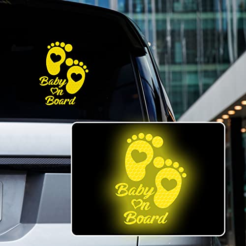 High Intensity Reflective Baby on Board Car Sticker Waterproof Cute Footprint Baby in Car Decal Safety Warning Sign Kids on Board Decal for Car Bumper Window (Yellow) - color: Yellow