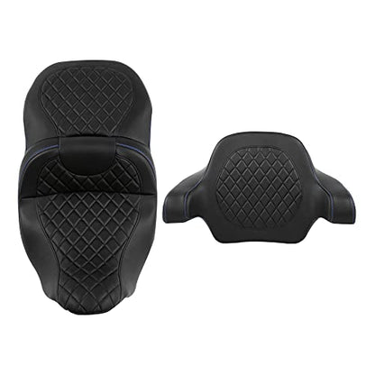 CC RIDER Gel Seat Driver Passenger Seat+ King/Chopped Trunk Backrest Pad Fit For Harley 2014-2023 Touring Street Glide Road Glide Electra Glide CVO,Diamond Stitching - color: 04# Gel Blue+ Tour Trunk Backrest