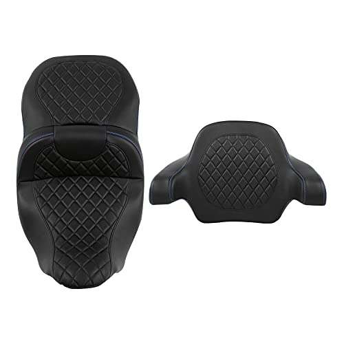 CC RIDER Gel Seat Driver Passenger Seat+ King/Chopped Trunk Backrest Pad Fit For Harley 2014-2023 Touring Street Glide Road Glide Electra Glide CVO,Diamond Stitching - color: 04# Gel Blue+ Tour Trunk Backrest