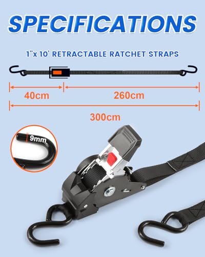 GAsupply 1" x 10ft Retractable Ratchet Straps Black, Heavy Duty Auto-Retracting Tie Down Straps for Truck, Cargo, Motorcycle – 1543 lbs Break Strength, 4 Pack - size: 4 PACK