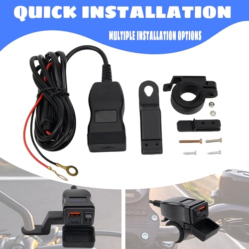 Motorcycle USB Charger QC 3.0 Phone Charger Dual USB Type C Voltmeter Switch Compatible with Phone Tablet Black
