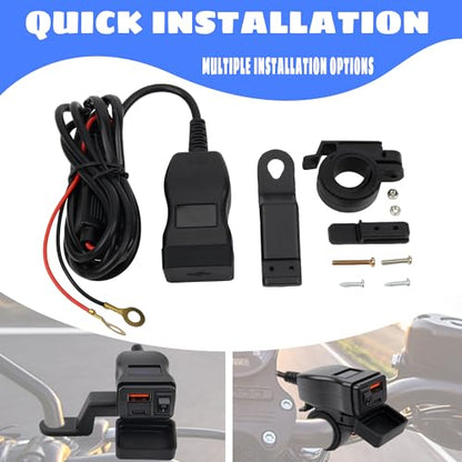 Motorcycle USB Charger QC 3.0 Phone Charger Dual USB Type C Voltmeter Switch Compatible with Phone Tablet Black