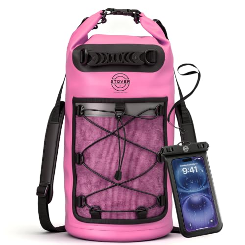 STOVER 5/10/25/30/40/55L Waterproof Dry Bag- Roll-Top Backpack w/Phone Case- Kayaking, Hiking, Camping, Boating- Men/Women - color: 30l Pink (With Phone Case), size: 30L
