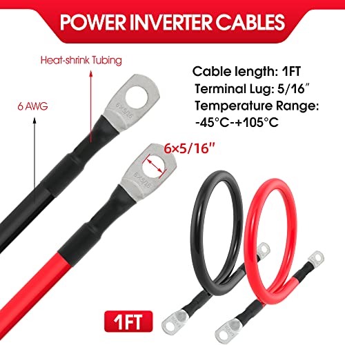 6 AWG Battery Cables 6 Gauge Battery Power Inverter Cable with 5/16 Inch Tinned Copper Lugs Both Ends for Solar Marine Boat RV Car Motorcycle 2 pcs (1FT) - size: 1FT