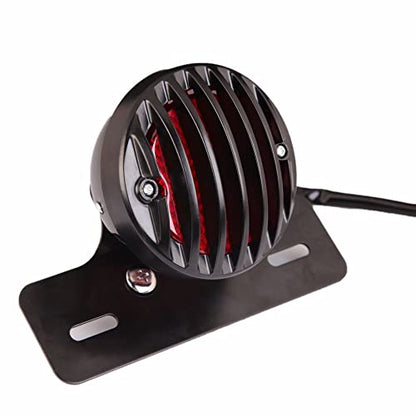 Motorcycle Black Grille Ribbed Round LED Tail Brake Light Red Lens For Integrated License Plate Lamp Fit Bobber Chopper Cruiser Street Bike - color: Black 5