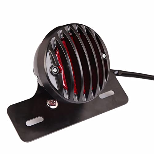 Motorcycle Black Grille Ribbed Round LED Tail Brake Light Red Lens For Integrated License Plate Lamp Fit Bobber Chopper Cruiser Street Bike - color: Black 5