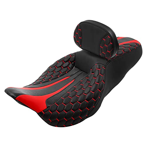 SLMOTO Motorcycle Driver Passenger Seat Rider Sissy Bar Backrest Pad For Harley Touring Road King Street Glide Electra Glide Road Glide Hexagon Scorched 2014-2023 Red Motorcycle Seat Cushion - color: Red + Rider Backrest