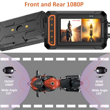 Motorcycle Dash Cam, 3'' LCD Waterproof Motorcycle Front and Rear 1080P Camera Wide Angle 155° with Wi-Fi, GPS, Wired Control, G-Sensor, Max up to 256GB