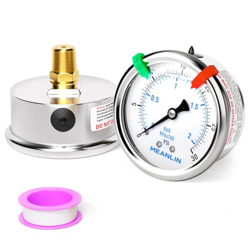 MEANLIN MEASURE 0~30Psi Liquid Filled Pressure Gauge 1/4" NPT 2.5" FACE DIAL Stainless Steel Glycerin Filled WOG Water Oil Air Back Mount (with 2PCS Snaps) - size: 0-30Psi