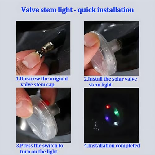 4PCS Car Tire Wheel Lights, Solar Energy Motion Sensors Colorful Vehicle LED Tyre Valve Cap Lamp, Waterproof Auto Tire Light Gas Nozzle, Universal for Motorcycle Bicycle Truck