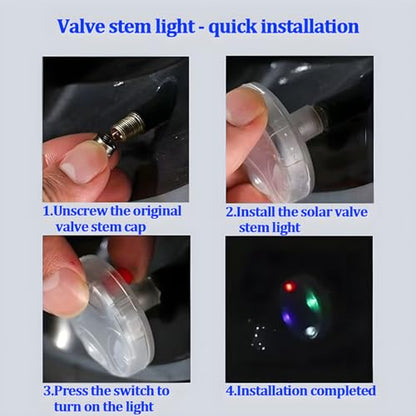4PCS Car Tire Wheel Lights, Solar Energy Motion Sensors Colorful Vehicle LED Tyre Valve Cap Lamp, Waterproof Auto Tire Light Gas Nozzle, Universal for Motorcycle Bicycle Truck