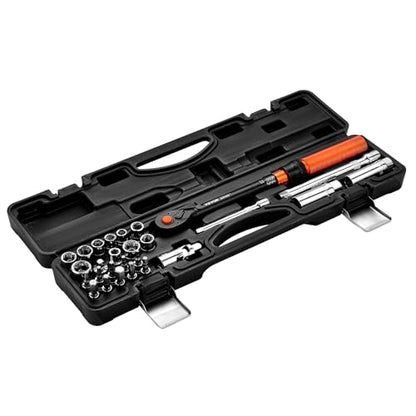 VEVOR 26Pcs Torque Wrench Set, 3/8 Inch Drive, 3.7-44.3FT.LB(5-60Nm), 72-Tooth Click Torque Wrench with Hex/Torx/Spark Plug Sockets, Extension Bars, 1/4 Adapter, for Bicycle Motorcycle Maintenance - size: 25PCS(3.7-44.3FT.LB), style: 3/8-inch