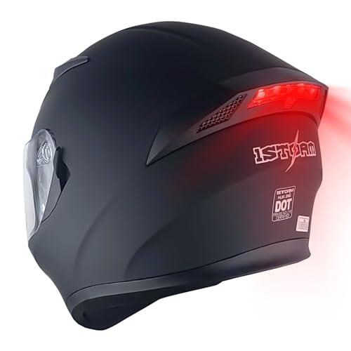 1Storm Motorcycle Street Bike Dual Visor/Sun Visor Full Face Helmet Mechanic with LED Tail Light: Matt Black - color: Z LED Matte Black, size: Small