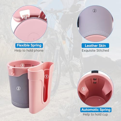3-in-1 Bike Cup Holder with Cell Phone Keys Hook -Universal Water Bottle Holder for Walker/Wheelchair/Stroller/Scooter, Fits 0.87" Round Handlebar and 2.7" Cup Base,Gray Pink - color: grey pink