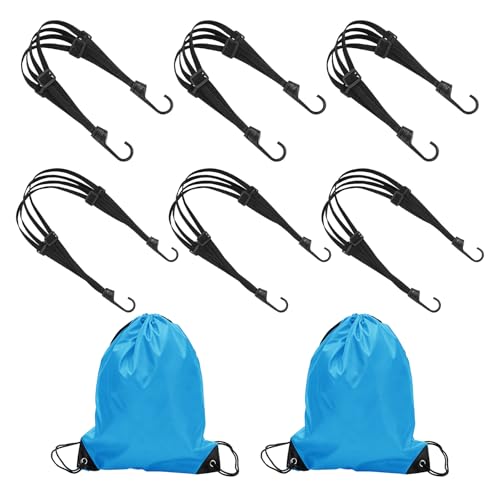 6 Packs Motorcycle Helmet Rope Straps with Dual Hooks (3x60cm + 3x90cm Elastic Helmet Straps & 2 Waterproof Bags), Black Motorcycle Luggage Strap for Securing Motorcycles Gear, Bicycle, Camping