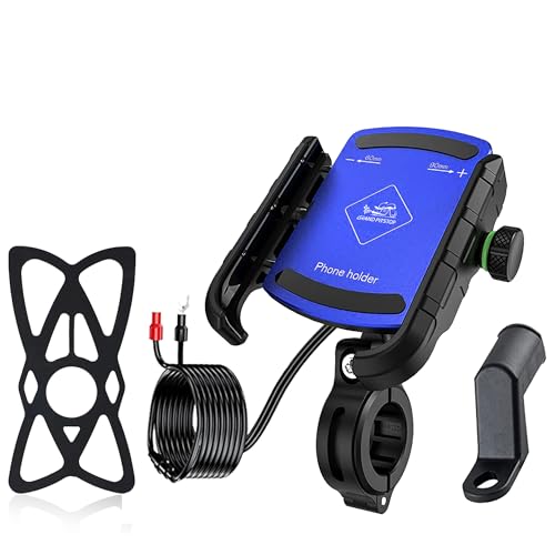 GRAND PITSTOP Bike Phone Mount Holder USB Charger Handlebar Mount, Camera Friendly, Aluminum Motorcycle Phone Mount, with 12/24V Motorcycles Quick Charge for 4.5-7 Inch Phones (Blue)