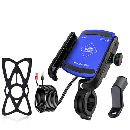 GRAND PITSTOP Bike Phone Mount Holder USB Charger Handlebar Mount, Camera Friendly, Aluminum Motorcycle Phone Mount, with 12/24V Motorcycles Quick Charge for 4.5-7 Inch Phones (Blue)