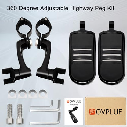 FOVPLUE 1.25" /32mm Highway Foot Pegs w/360° Adjustable Long Mounts Universal for Harley Touring Street Glide/Road Glide/Electric Glide/Road King Indian Motorcycle w/1-1/4" Crash Bar,BLACK#11