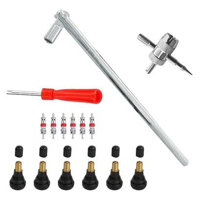 GLSOWEE Tire Valve Stem Puller Installer Tool Kit, 6 Pcs TR412 Snap-in Valve Stems & Valve Stem Cores, 4-Way Valve Tool & Single Head Tire Valve Core Remover Installer Tool (15PCS) - size: 15PCS