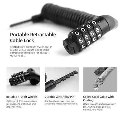 Small Ski Lock, Combination Cable Lock for Snowboard, 4 ft Long Steel Cable Retractable, Locking for Travel Luggage, Suitcase, Bag, Bike Bicycle Stroller, Motorcycle Helmet Anti Theft - color: Black
