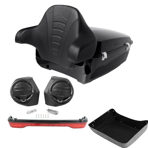 TCMT King Motorcycle Trunk Box Wrap-Around Backrest LED Brake TailLight Speakers Fit For Harley 2014-2025 Touring CVO Road King Road Glide Street Glide Electra Glide Pack - color: Style A+Speakers#2+Red Taillight