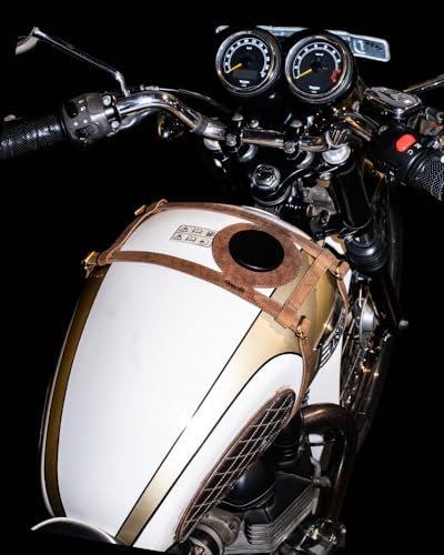 Trip Machine Company Genuine Leather Motorcycle Fuel Tank Strap – Heavy Duty Adjustable Horizontal Tank Mount Cover for Right Side Fuel Inlet Bikes (Only Tank Strap, Brown) - color: Tobacco Brown, style: Only Tank STrap