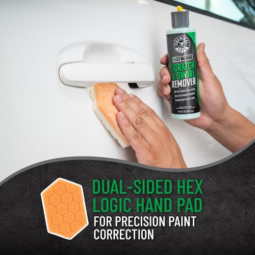 Chemical Guys Insynchro Scratch & Swirl Remover (8 oz) - Kit with Hex Logic Dual Sided Hand Polishing Pad and Monster Extreme Microfiber Towel for Paint Restoration and Gloss Enhancement - style: 8 Fl Oz + Pad & Towel Kit