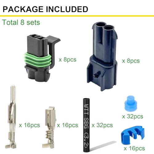 14-12 AWG 2 Pin Connector Weather Pack Connectors Kit 2 Wire Automotive Electrical Waterproof Connectors Plug Terminals with 32pcs Shrink Tubing Kit (8 Set) - size: 14-12AWG 8Set