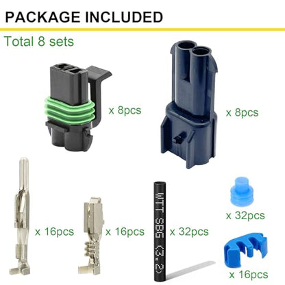 14-12 AWG 2 Pin Connector Weather Pack Connectors Kit 2 Wire Automotive Electrical Waterproof Connectors Plug Terminals with 32pcs Shrink Tubing Kit (8 Set) - size: 14-12AWG 8Set