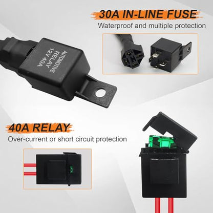 DZG Motorcycle LED Light Wiring Harness Kit 12V 2 Leads 30A in-line Fuse 40A Relay ON Off Switch 18AWG for Fog Lights Light Bar Driving Lights Auxiliary Work Lights