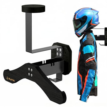 Helmet Holder Wall Mount, Solid Wood Motorcycle Helmet Rack with Heavy Duty Steel Hook, Helmet Wall Hanger for Motorcycle, Football, Cycling, Skiing & Tactical Gear, (Black)