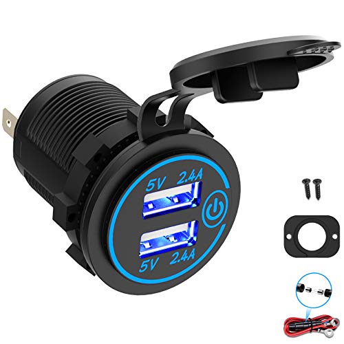 Dual USB Socket 12V Marine Outlet with Switch Golf Cart USB Port 12 Volt DC Car Charger Mount Waterproof Cigarette Lighter Power Adapter DIY Kit Fast Charge with Blue LED for Boat Motorcycle ATV RV