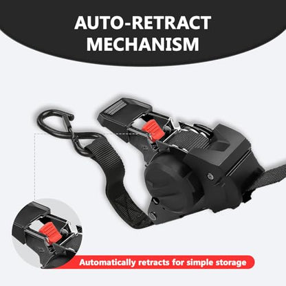 Retractable Ratchet Straps (4 Pack) - 1" x10 ft Heavy Duty with Auto Retract, Safety Lock Hooks & 1650 lb - Soft Loops + Bungee Cords for Truck, Trailer, Motorcycle, ATV, UTV, Moving