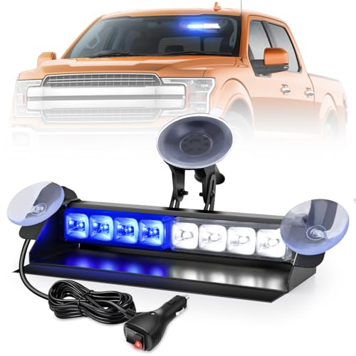 Nilight 8LED Blue White Traffic Advisor Strobe Light Bar with Vacuum Suction Emergency Dash Warning Hazard Safety Flashing Lights Front/Rear Windshield Visor for Truck Police Construction Vehicles - color: Blue White, size: 8LED